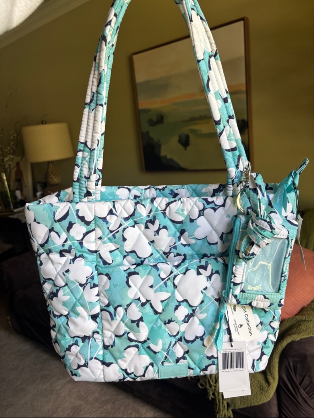 Vera Bradley Quilted Floral Tote with ID Case in Aqua and White